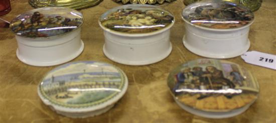 5 Prattware pot lids,  War & Peace (pair), Hide and Seek, Shrimpers in Pegwell Bay & Dr Johnson, all with pots (1 chipped)